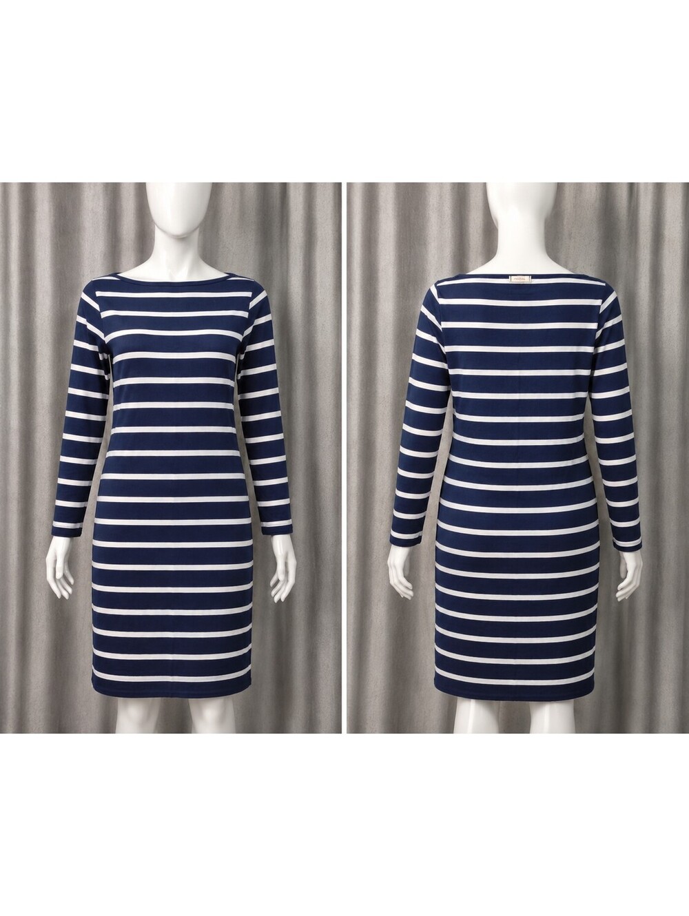 Maitai Womenβs Navy White Striped Long Sleeve Boat Neck Shift Dress
